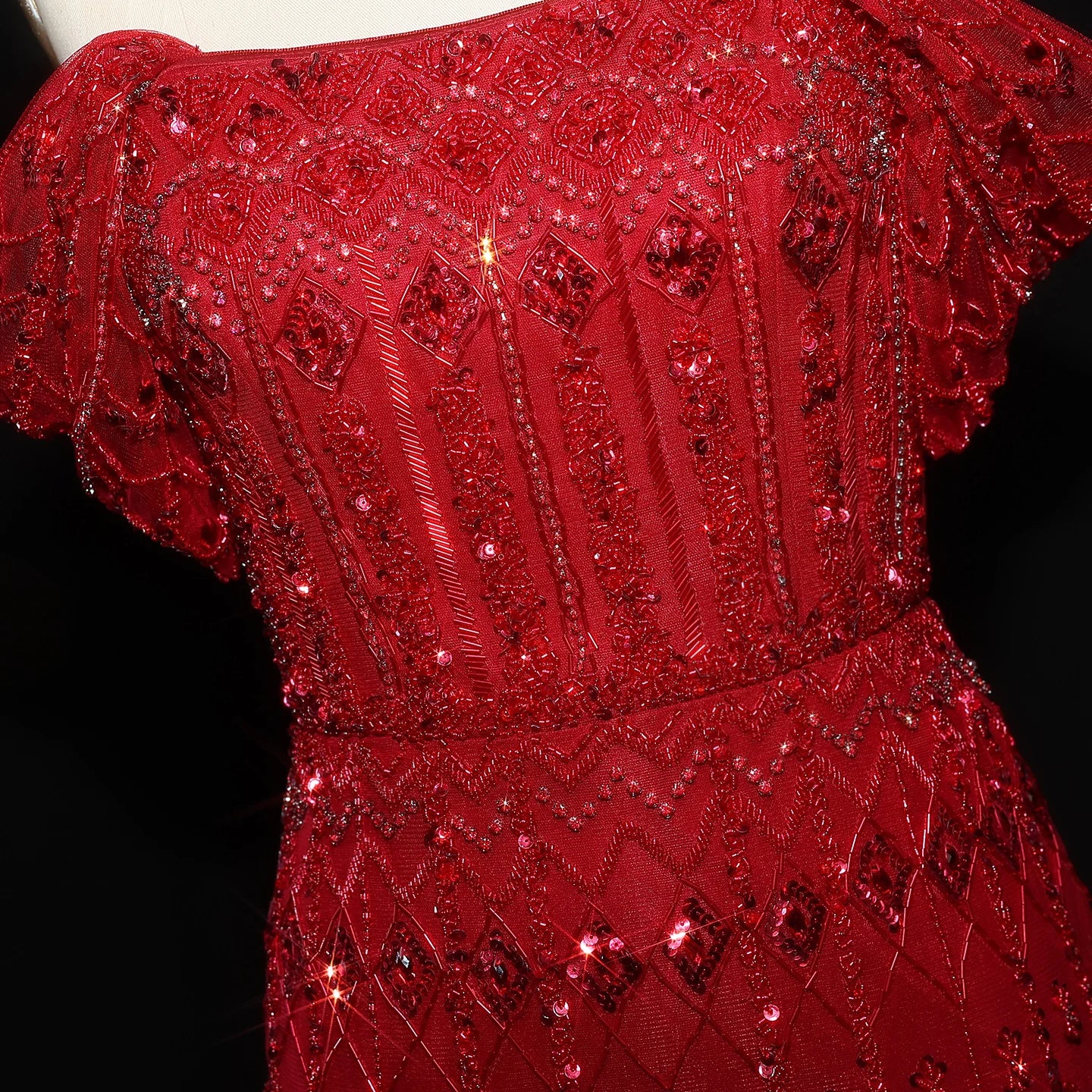 Burgundy Burgundy Mermaid Evening Gown with Cap Sleeve — Dubai Arabic Luxury — Riviera Couture GCC Luxury Evening Gown