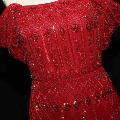 Burgundy Burgundy Mermaid Evening Gown with Cap Sleeve — Dubai Arabic Luxury — Riviera Couture GCC Luxury Evening Gown