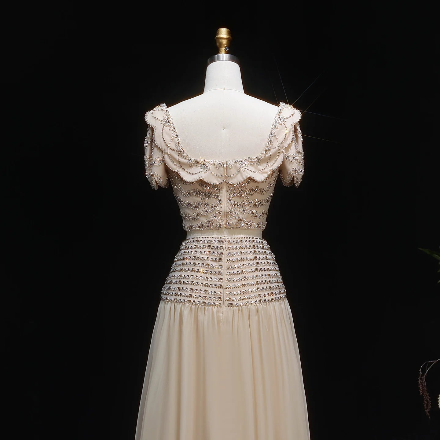 Champagne Champagne Two-Piece Evening Gown — Short Sleeve Sequined Bowknot — Riviera Couture GCC Luxury Evening Gown