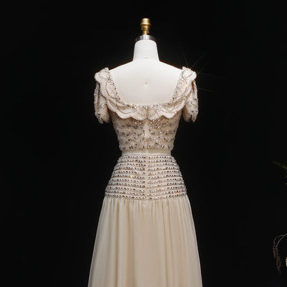 Champagne Champagne Two-Piece Evening Gown — Short Sleeve Sequined Bowknot — Riviera Couture GCC Luxury Evening Gown