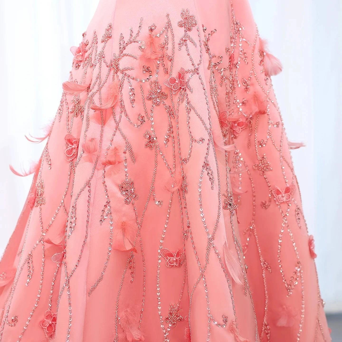 Feathers Coral Pink Evening Dress - Riviera Couture