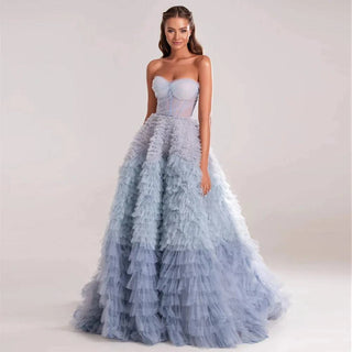 Blue Ombre Tiered Ruffles Evening Dress - RC21 - Riviera Couture