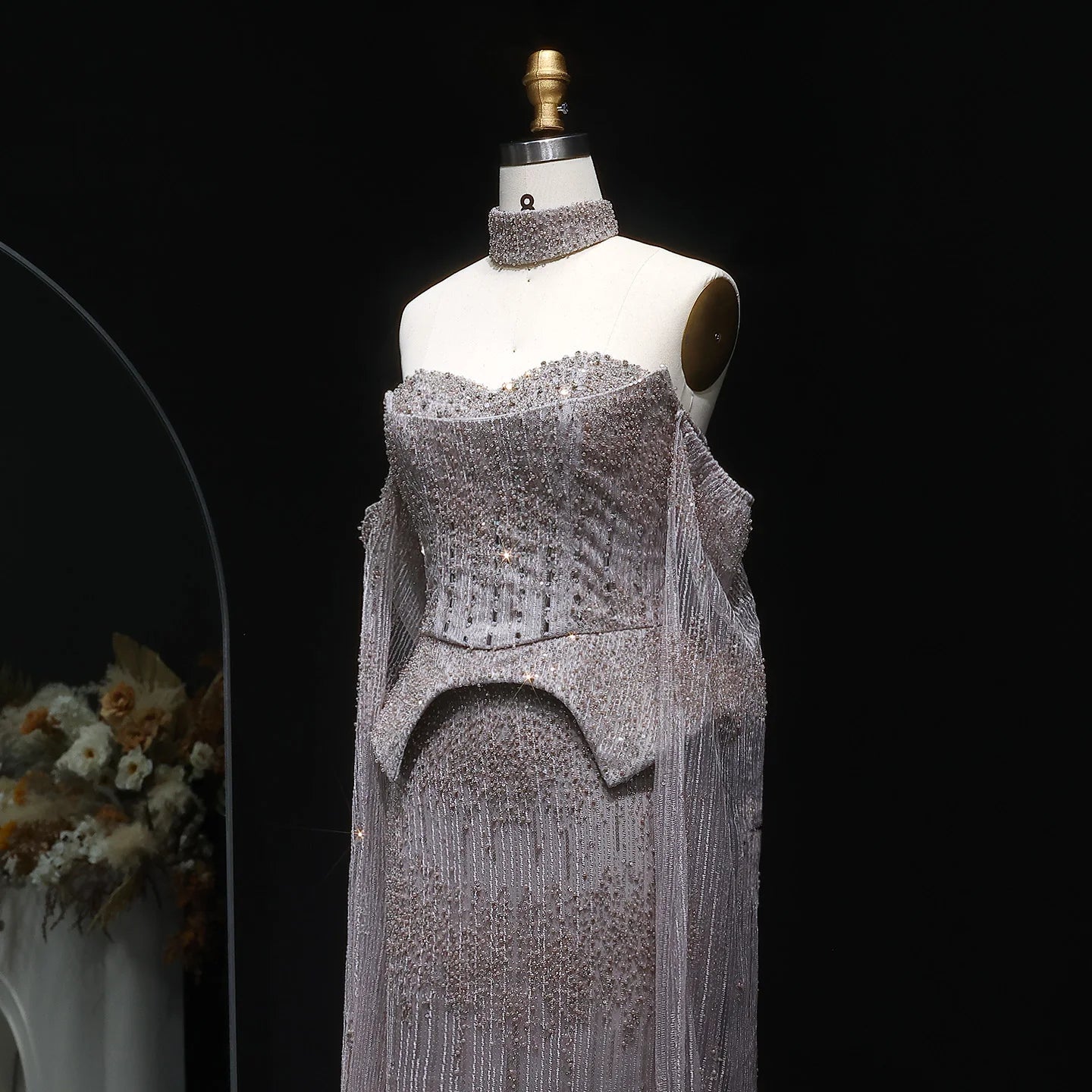 Gold Grey Crystal Off-Shoulder Evening Gown with Cape Sleeves — 2026 — Riviera Couture GCC Luxury Evening Gown