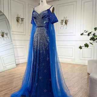 Mermaid Beaded Luxury Evening Dress with Cape Sleeves - RC311 - Riviera Couture