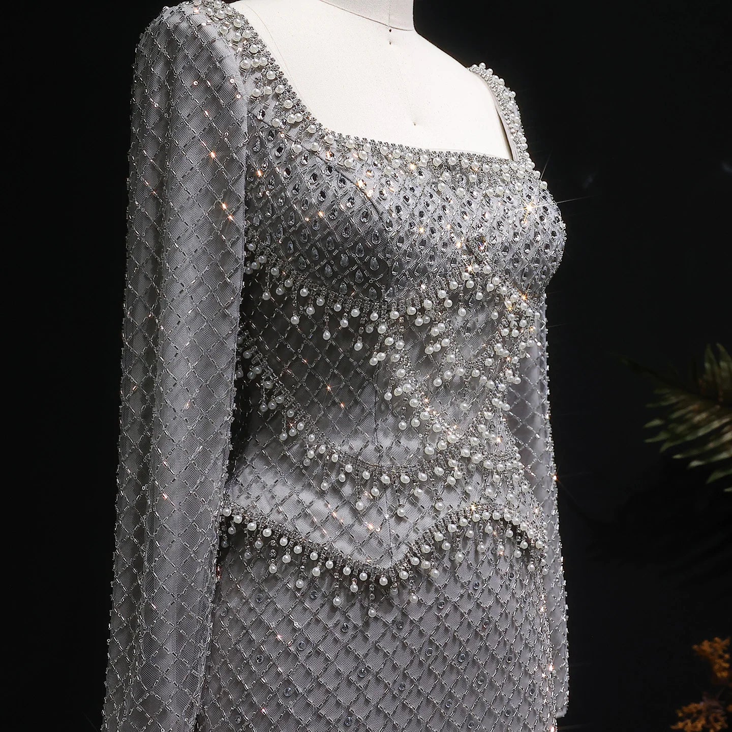 Gray Champagne Crystal Long Sleeve Evening Gown — Dubai Arabic Luxury — Riviera Couture GCC Luxury Evening Gown