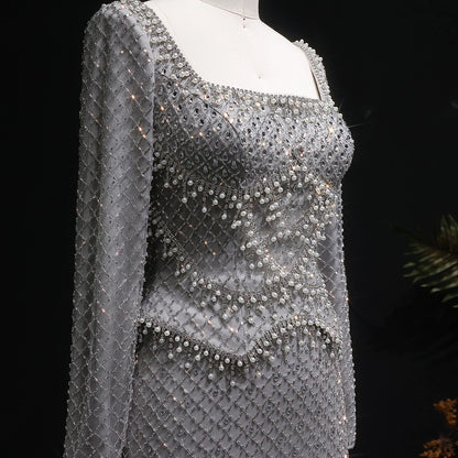 Gray Champagne Crystal Long Sleeve Evening Gown — Dubai Arabic Luxury — Riviera Couture GCC Luxury Evening Gown