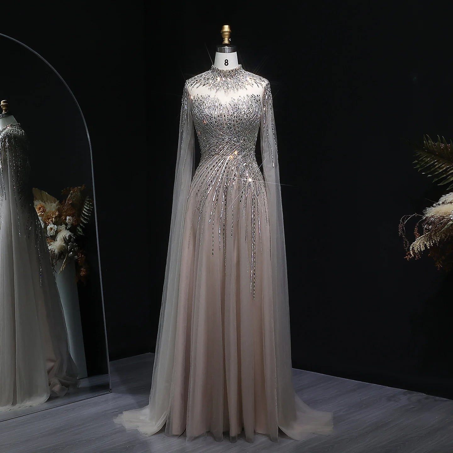 Caramel Caramel Beaded High Neck Cape Sleeve Evening Gown — Sequin Tulle — Riviera Couture GCC Luxury Evening Gown