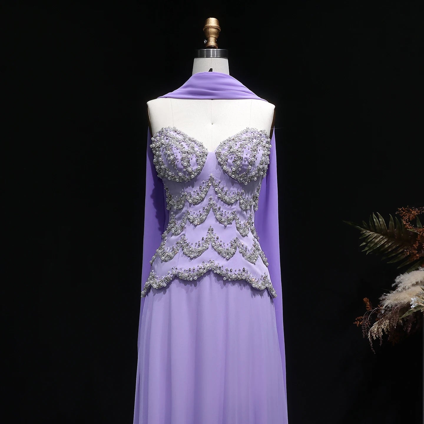 Purple Beaded A-Line Evening Gown with Scarf — Luxury GCC Formal — Riviera Couture GCC Luxury Evening Gown