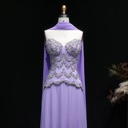 Purple Beaded A-Line Evening Gown with Scarf — Luxury GCC Formal — Riviera Couture GCC Luxury Evening Gown