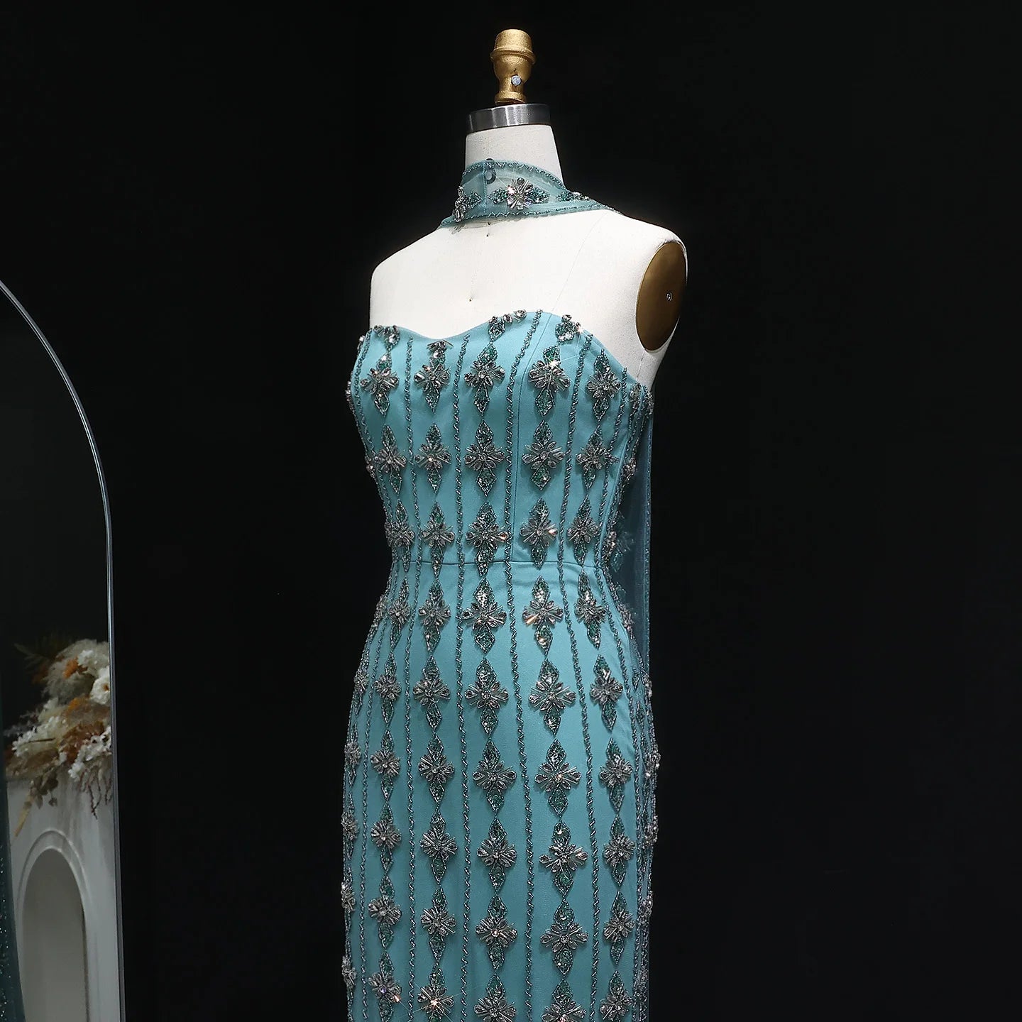 Nude Nude Beaded Strapless Evening Gown with Scarf — Dubai Arabic Luxury — Riviera Couture GCC Luxury Evening Gown
