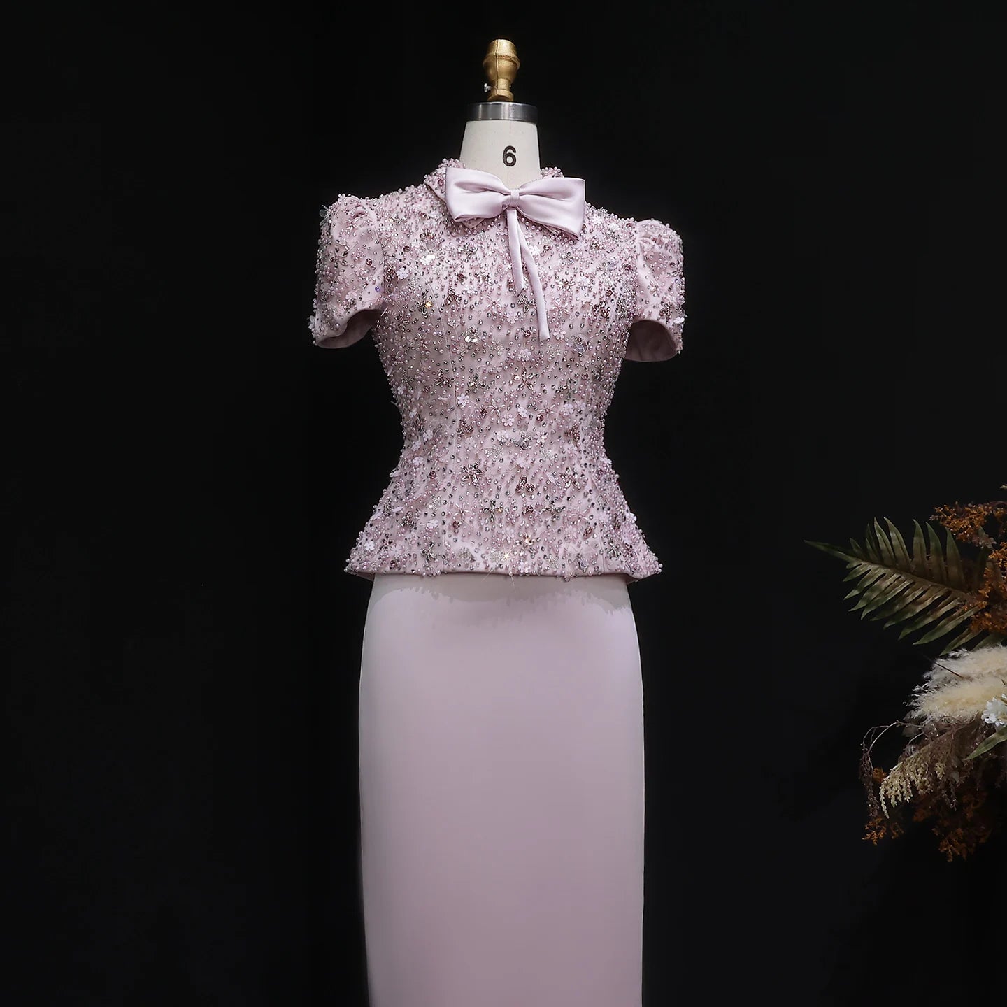 Pink Pink Beaded Two-Piece Evening Gown — Short Sleeve Arabic Luxury — Riviera Couture GCC Luxury Evening Gown
