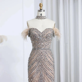 Feather Beaded Mermaid Evening Dress with Chocker - Riviera Couture