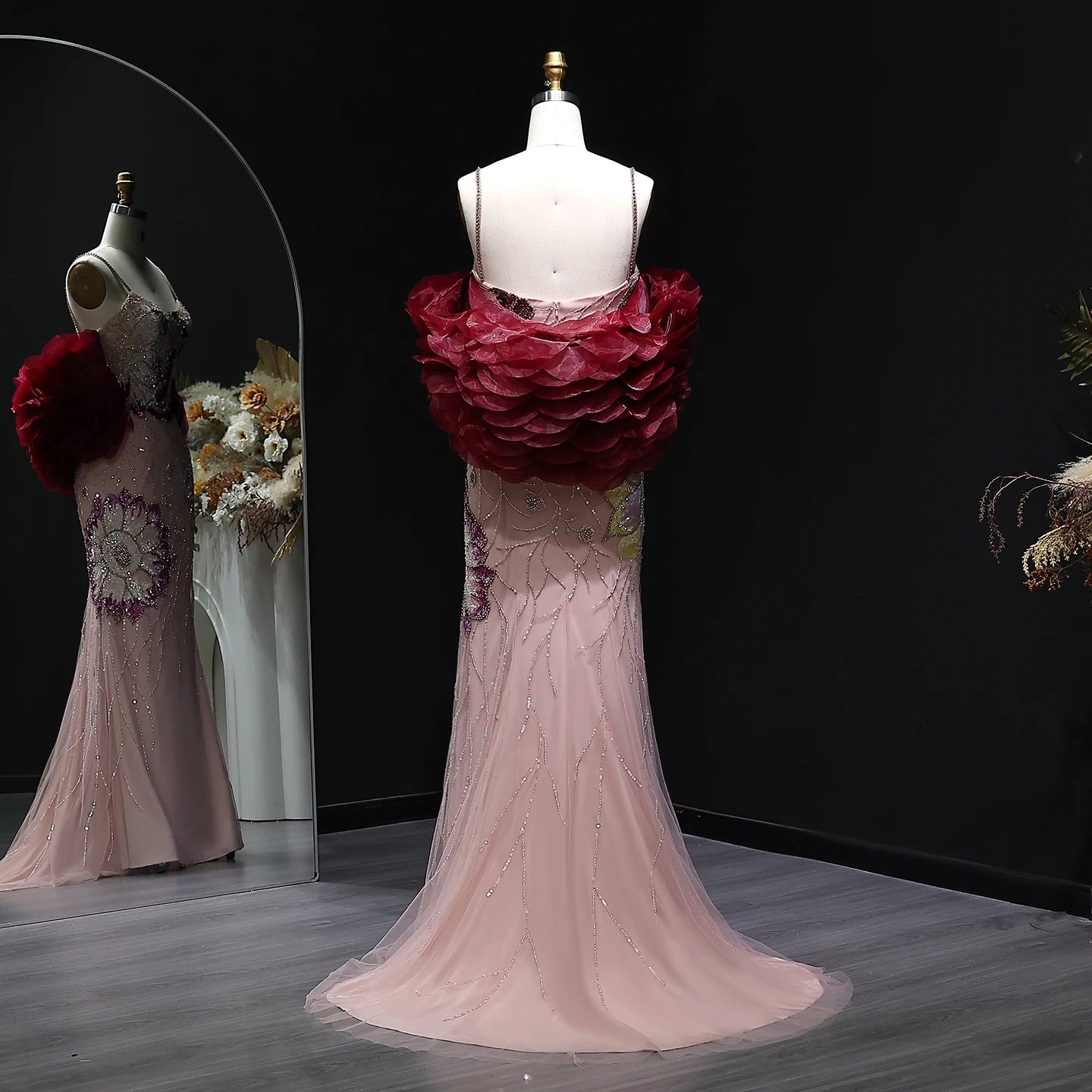 Pink Pink Floral Beaded Evening Gown with Burgundy Cape — GCC Luxury — Riviera Couture GCC Luxury Evening Gown