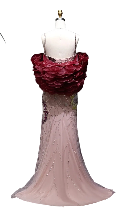 Pink Pink Floral Beaded Evening Gown with Burgundy Cape — GCC Luxury — Riviera Couture GCC Luxury Evening Gown