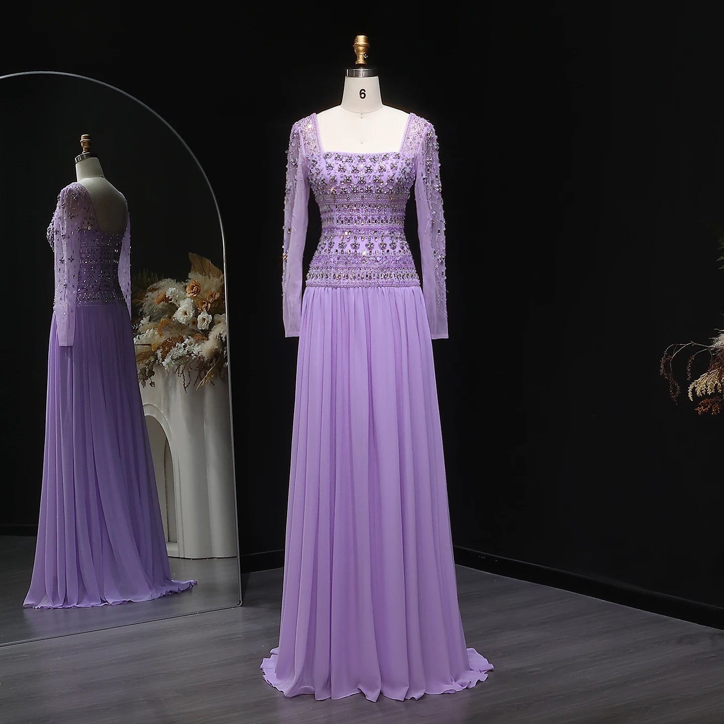 Lilac Beaded Strapless Evening Gown with Flowing Chiffon Skirt — Riviera Couture GCC Luxury Evening Gown