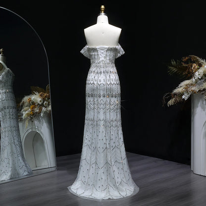 WHITE Burgundy Mermaid Evening Gown with Cap Sleeve — Dubai Arabic Luxury — Riviera Couture GCC Luxury Evening Gown