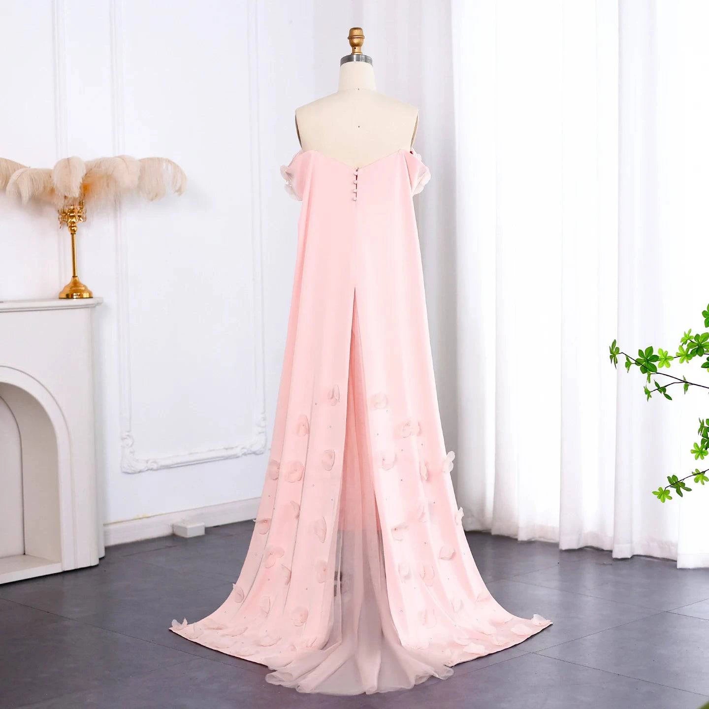 Elegant Off Shoulder Blush Pink 3D Flowers Evening Dress - Riviera Couture