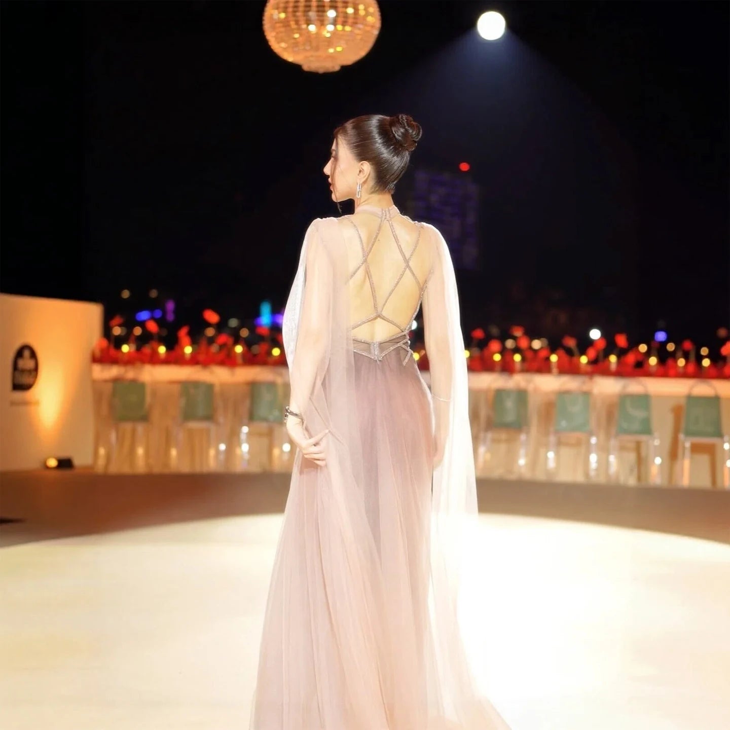 Ombre Pink Ombré Pink Cape Sleeve Evening Gown — Criss-Cross Halter Backless — Riviera Couture GCC Luxury Evening Gown