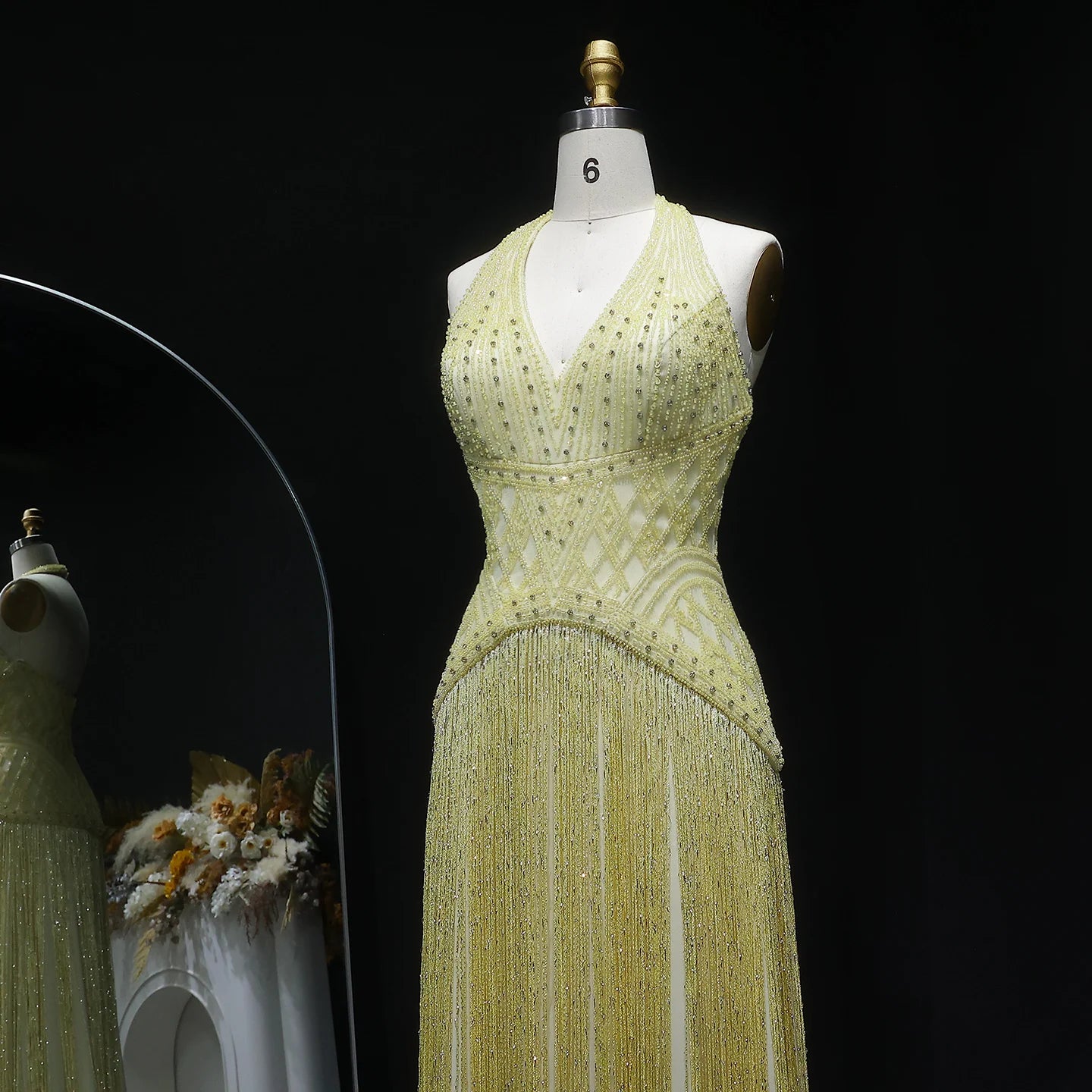 Yellow Yellow Mermaid Evening Gown — Beaded Tassel Halter V-Neck GCC — Riviera Couture GCC Luxury Evening Gown