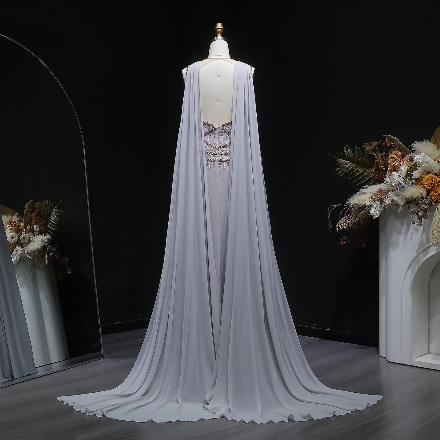 Blush Pink Silver Gold Cape Sleeve Evening Gown — Crystal Beaded Blush Pink — Riviera Couture GCC Luxury Evening Gown