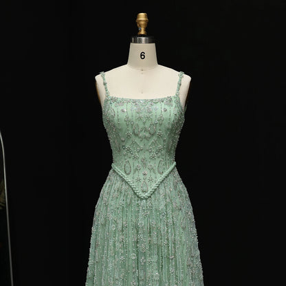 Burgundy Sage Green Spaghetti Strap Evening Gown — Arabic Luxury 2026 — Riviera Couture GCC Luxury Evening Gown