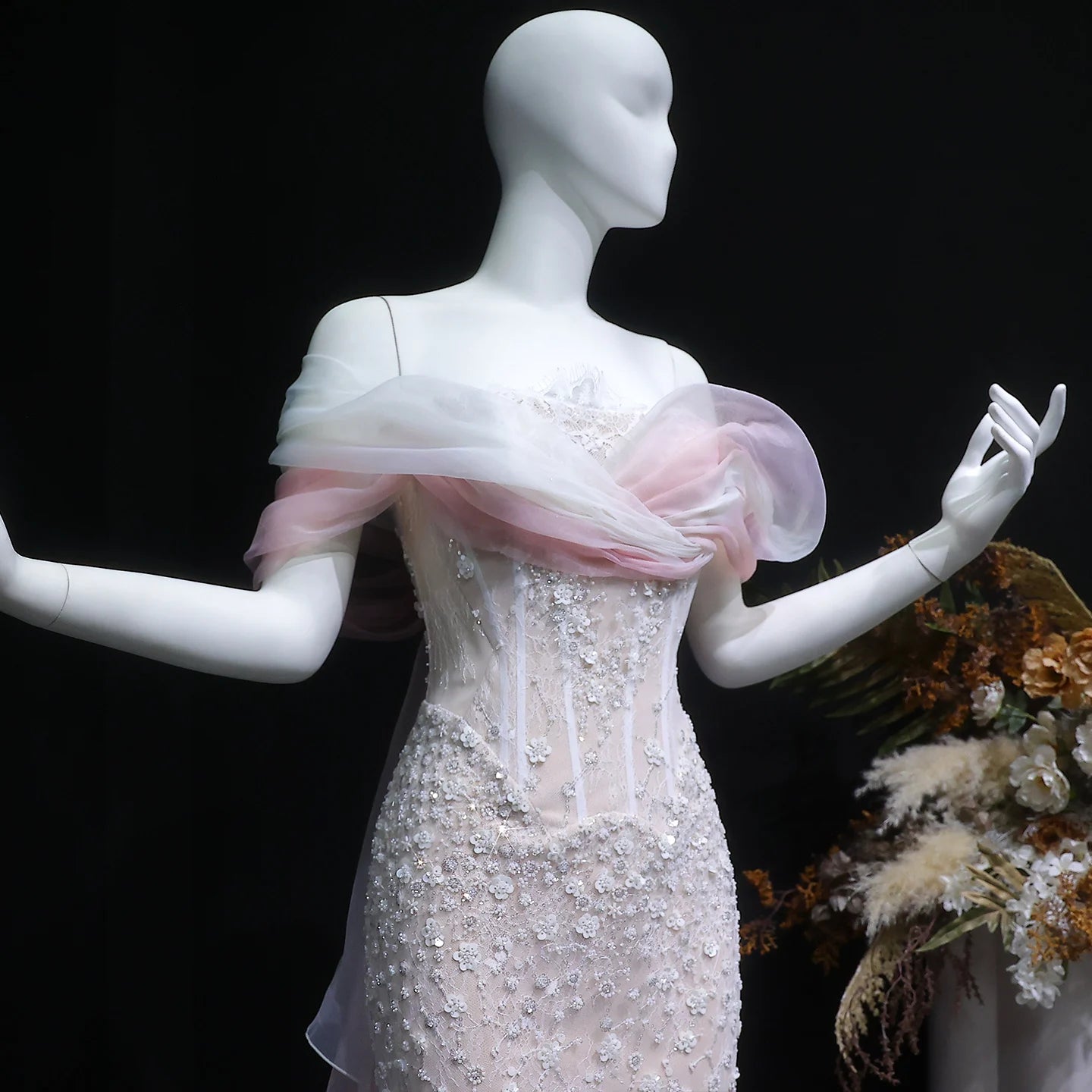 Blush Pink Off-Shoulder Sequined Evening Gown with Cape — GCC Wedding Formal — Riviera Couture GCC Luxury Evening Gown