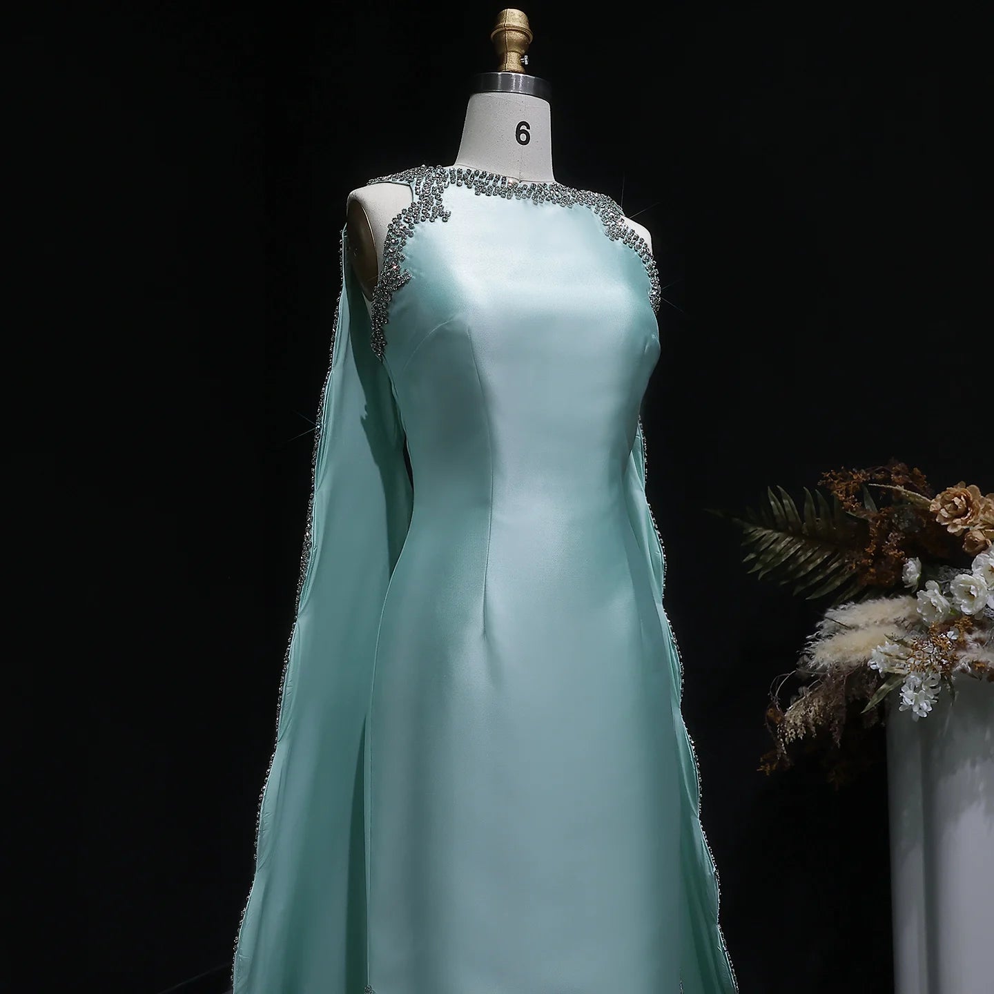Mint Green Mint Green Arabic Mermaid Evening Gown with Cape and Side Slit — Riviera Couture GCC Luxury Evening Gown