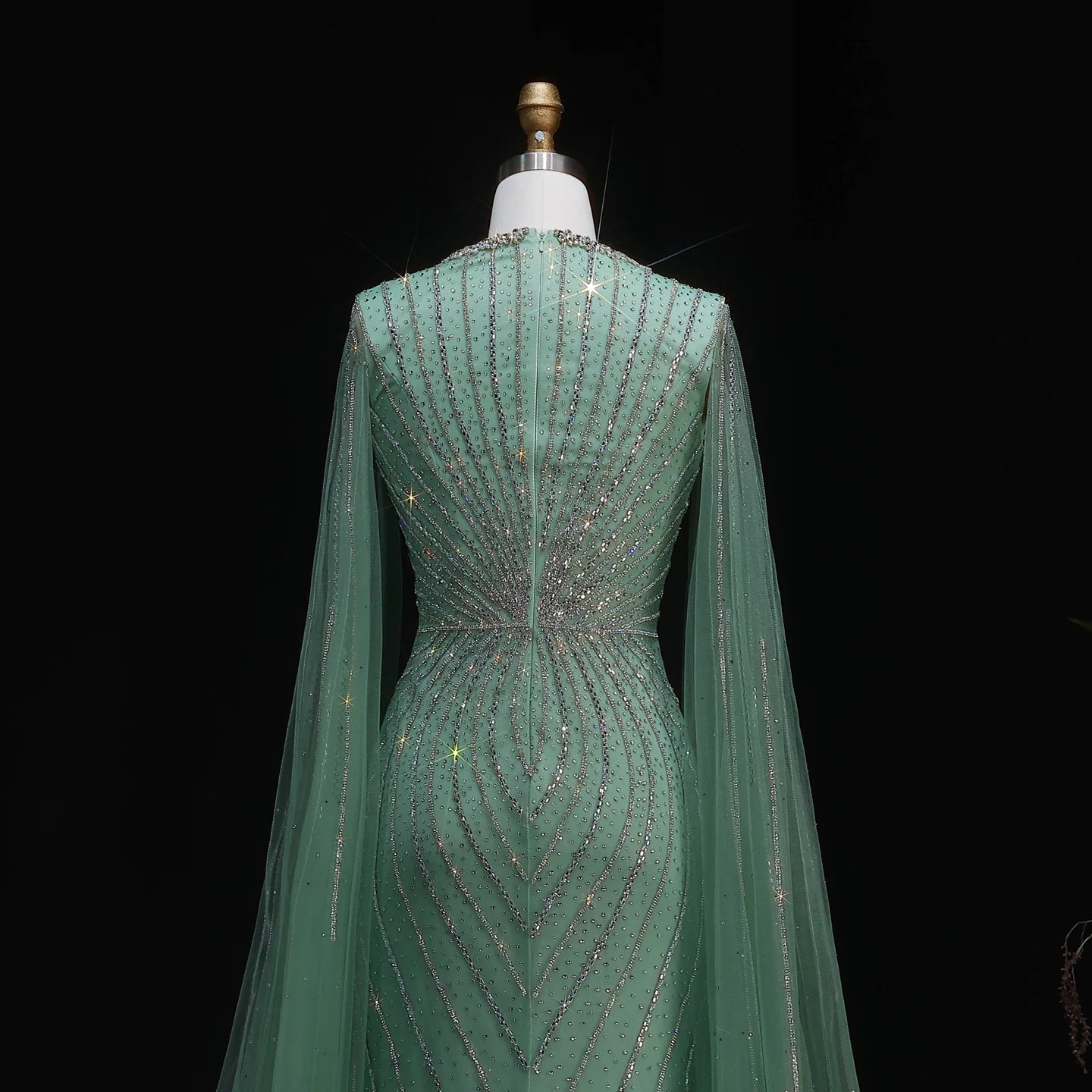 Pink Beaded Mermaid Evening Gown with Cape Sleeves — Dubai Arabic Formal — Riviera Couture GCC Luxury Evening Gown