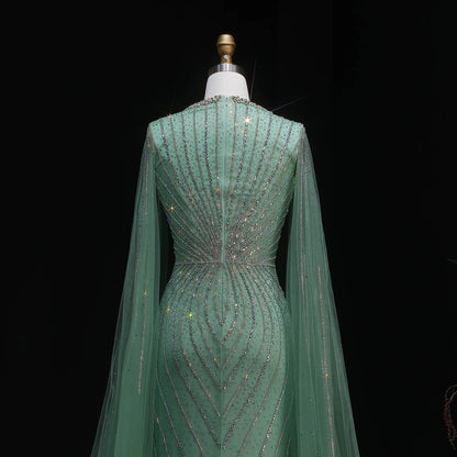 Pink Beaded Mermaid Evening Gown with Cape Sleeves — Dubai Arabic Formal — Riviera Couture GCC Luxury Evening Gown