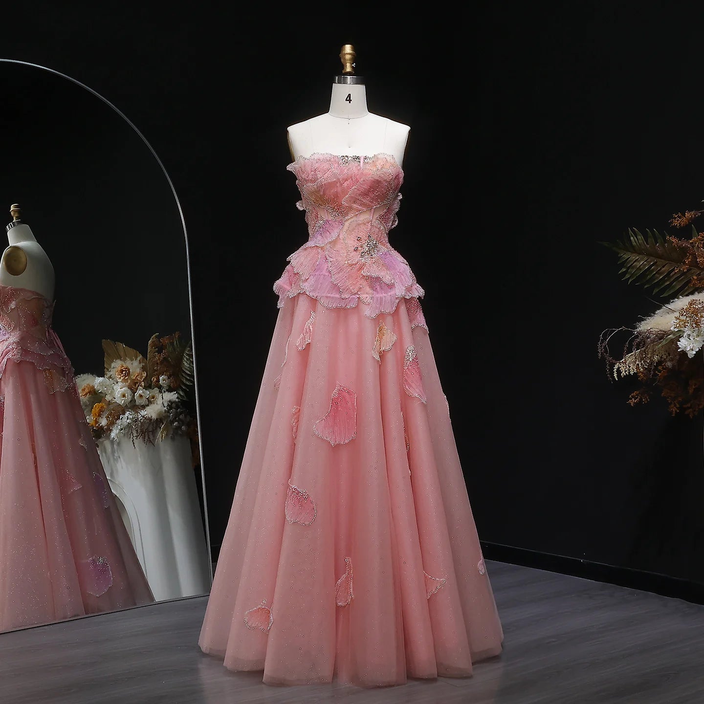 Pink Pink Strapless A-Line Evening Gown — 3D Flowers Crystal Beaded — Riviera Couture GCC Luxury Evening Gown