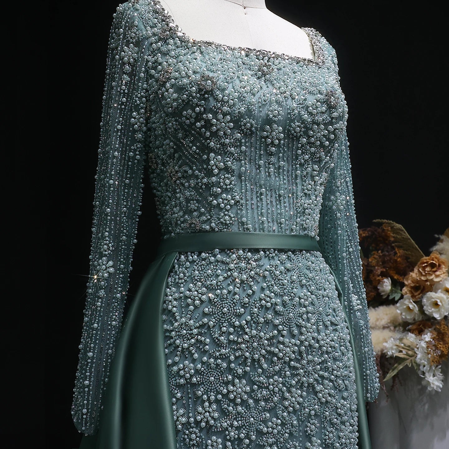 Green Beaded Long Sleeve Mermaid Evening Gown with Overskirt — Arabic — Riviera Couture GCC Luxury Evening Gown