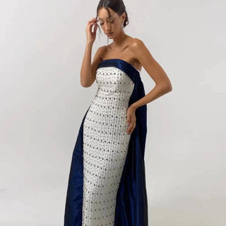 Navy Blue and White Strapless Midi Gown - Riviera Couture