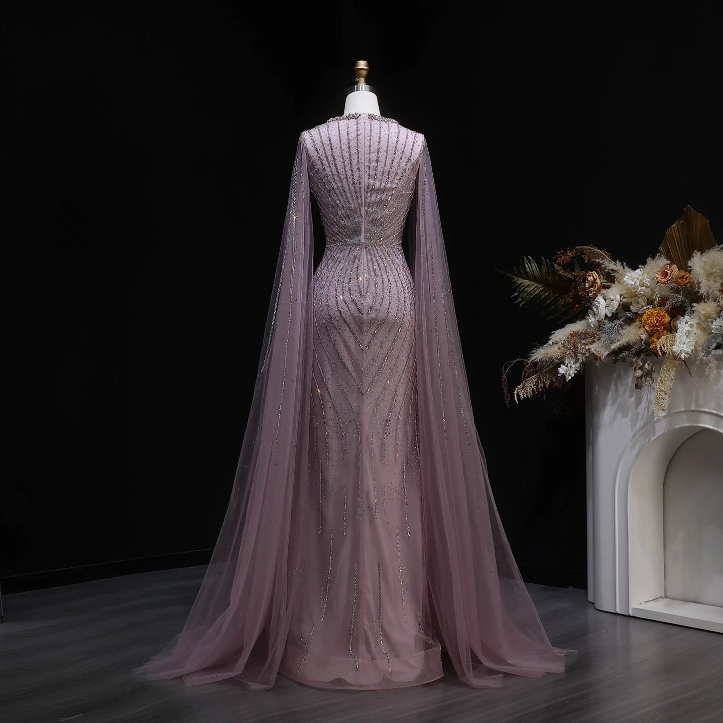 Champagne Beaded Mermaid Evening Gown with Cape Sleeves — Dubai Arabic Formal — Riviera Couture GCC Luxury Evening Gown