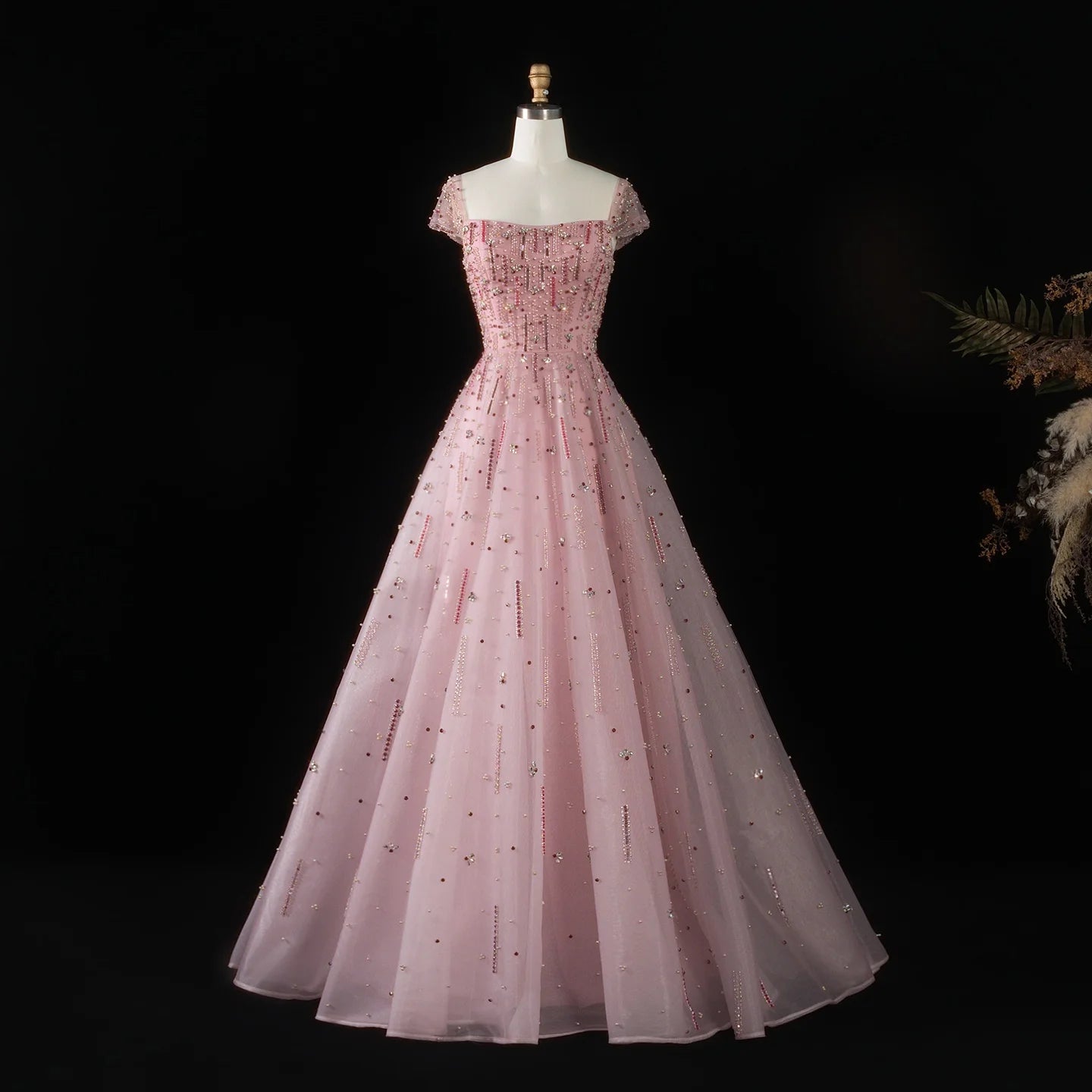 Pink Pink Off-Shoulder A-Line Evening Gown — Luxury Beaded Arabic GCC — Riviera Couture GCC Luxury Evening Gown