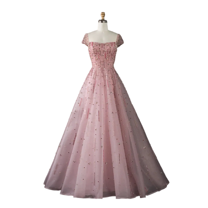 Pink Pink Off-Shoulder A-Line Evening Gown — Luxury Beaded Arabic GCC — Riviera Couture GCC Luxury Evening Gown
