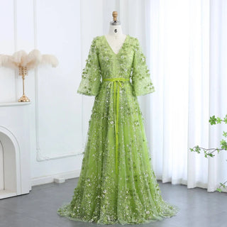 Plunging V-neck Green 3D Embroidered Flowers Evening Dress - Riviera Couture