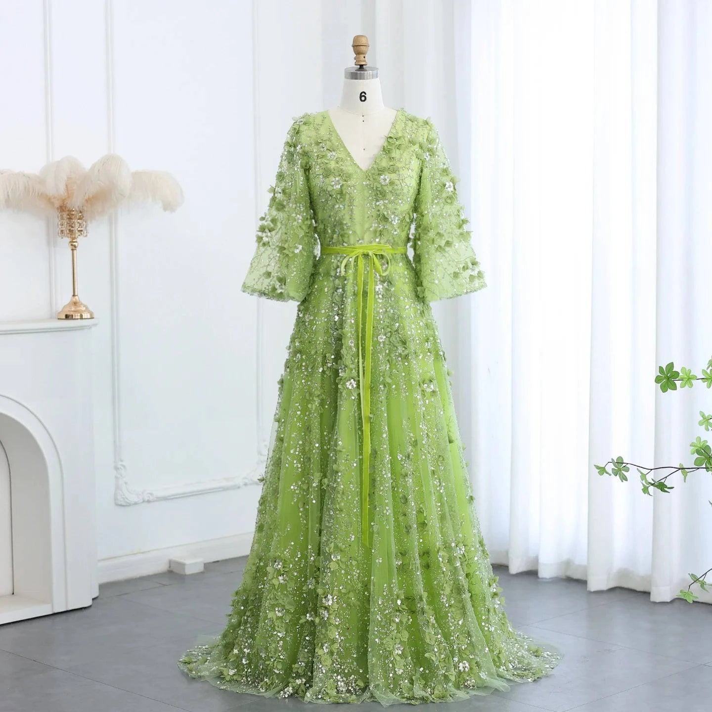 Plunging V-neck Green 3D Embroidered Flowers Evening Dress - Riviera Couture