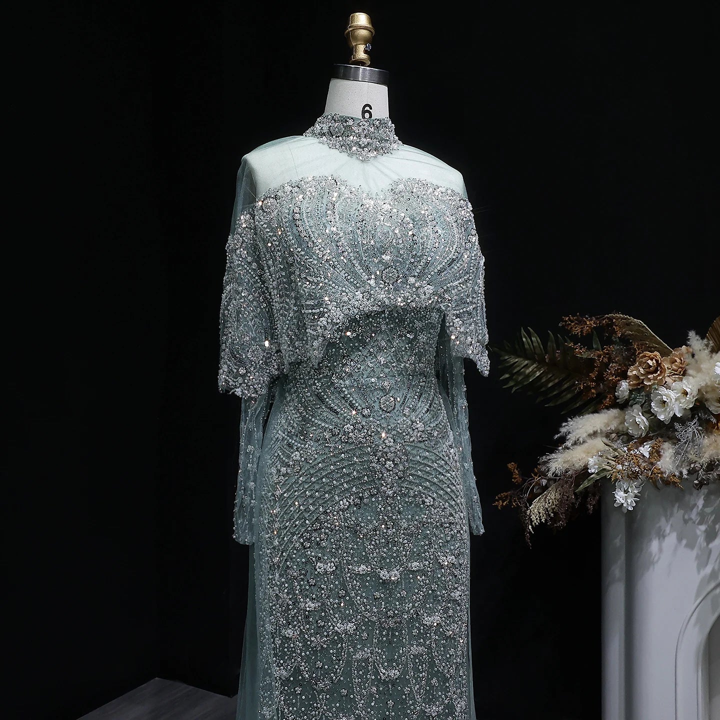 Champagne Gray Dubai Evening Gown with Cape — Long Sleeve Detachable Overskirt — Riviera Couture GCC Luxury Evening Gown