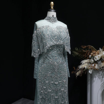 Champagne Gray Dubai Evening Gown with Cape — Long Sleeve Detachable Overskirt — Riviera Couture GCC Luxury Evening Gown