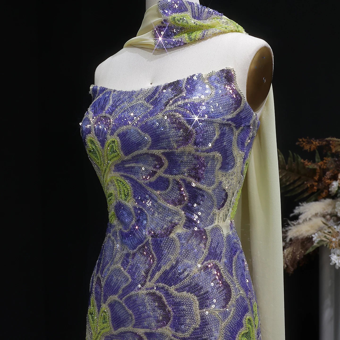Fuchsia Green Beaded Sequined Mermaid Evening Gown with Scarf — GCC Luxury — Riviera Couture GCC Luxury Evening Gown