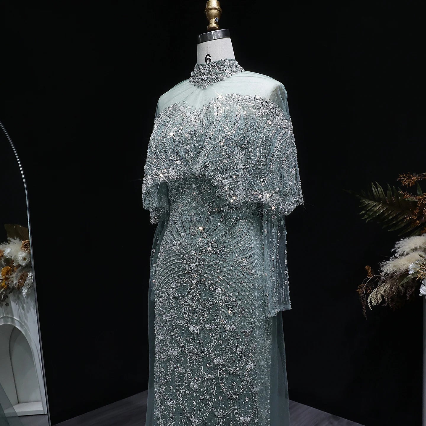 Gray Gray Dubai Evening Gown with Cape — Long Sleeve Detachable Overskirt — Riviera Couture GCC Luxury Evening Gown