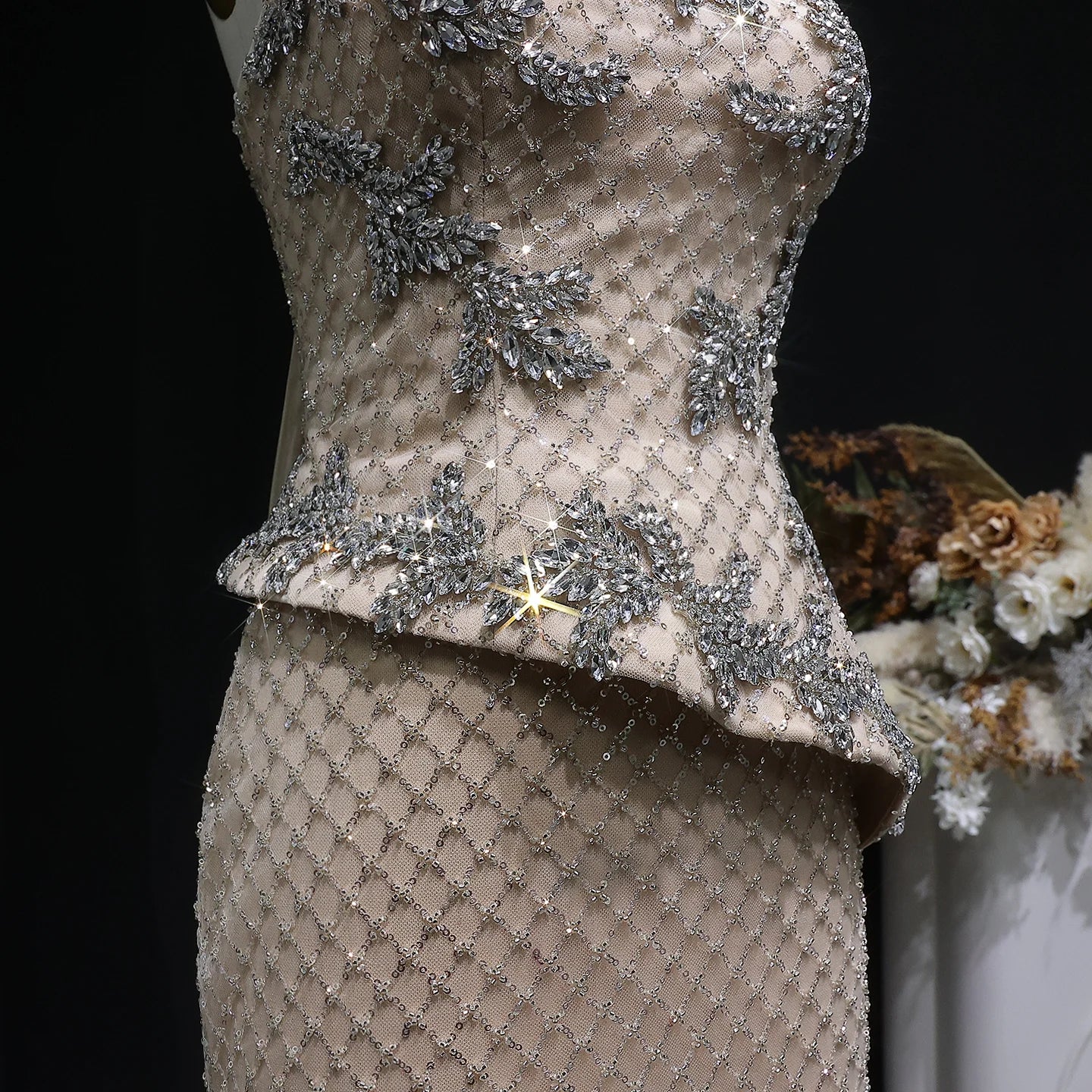 Champagne Crystal Sequined Mermaid Evening Gown with Cape — GCC Luxury 2026 — Riviera Couture GCC Luxury Evening Gown