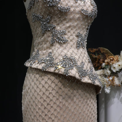 Champagne Crystal Sequined Mermaid Evening Gown with Cape — GCC Luxury 2026 — Riviera Couture GCC Luxury Evening Gown
