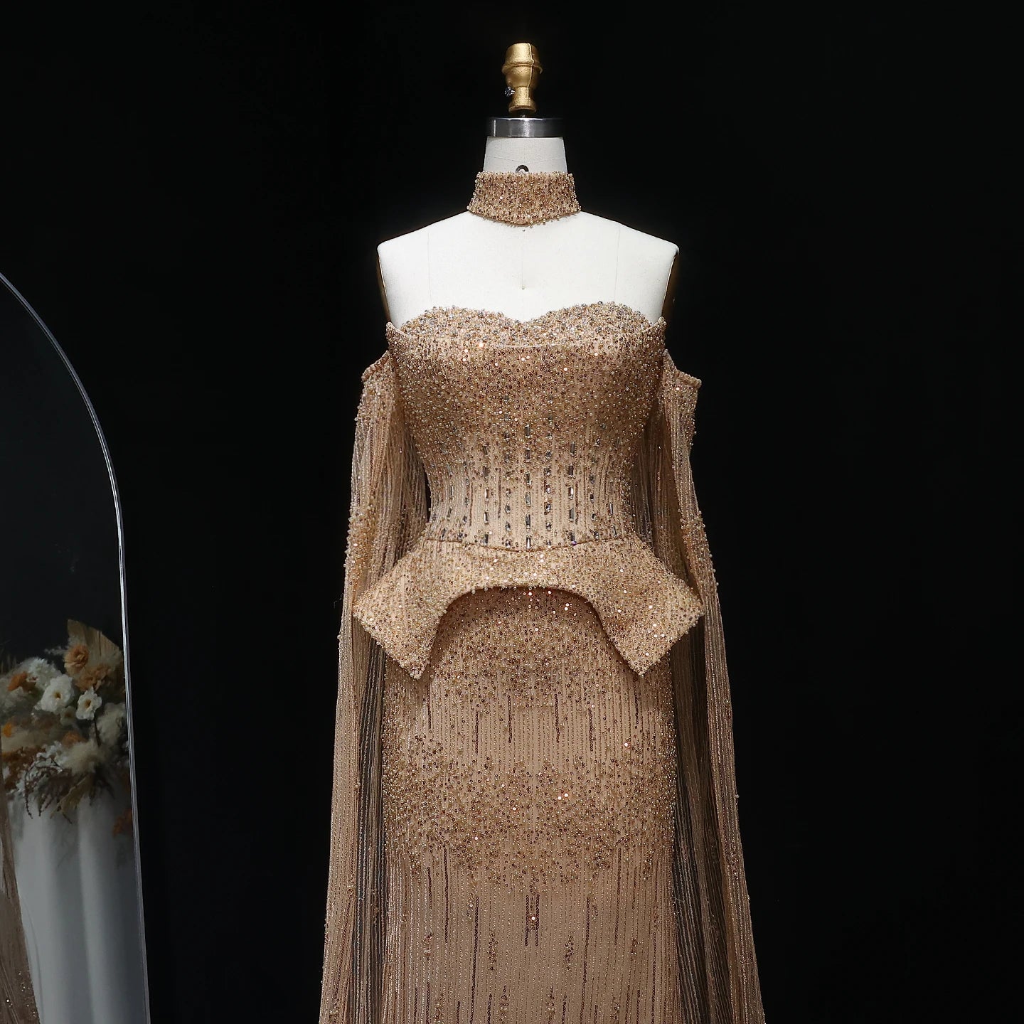 Silver Grey Crystal Off-Shoulder Evening Gown with Cape Sleeves — 2026 — Riviera Couture GCC Luxury Evening Gown