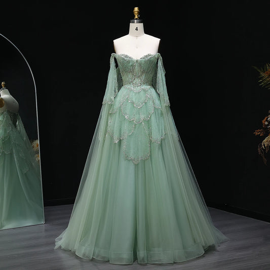 Sage Green Sage Green Sweetheart Evening Gown with Cape Sleeves — GCC Formal — Riviera Couture GCC Luxury Evening Gown