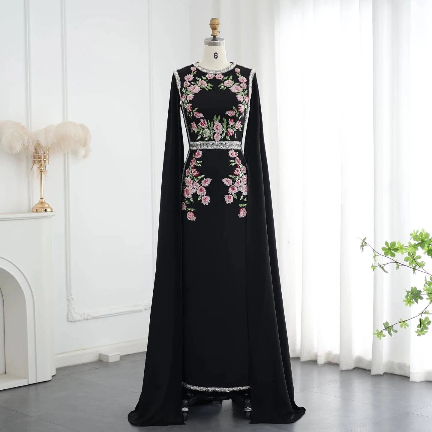 Beaded Black Elegant Evening Dress with Cape Sleeves - Riviera Couture