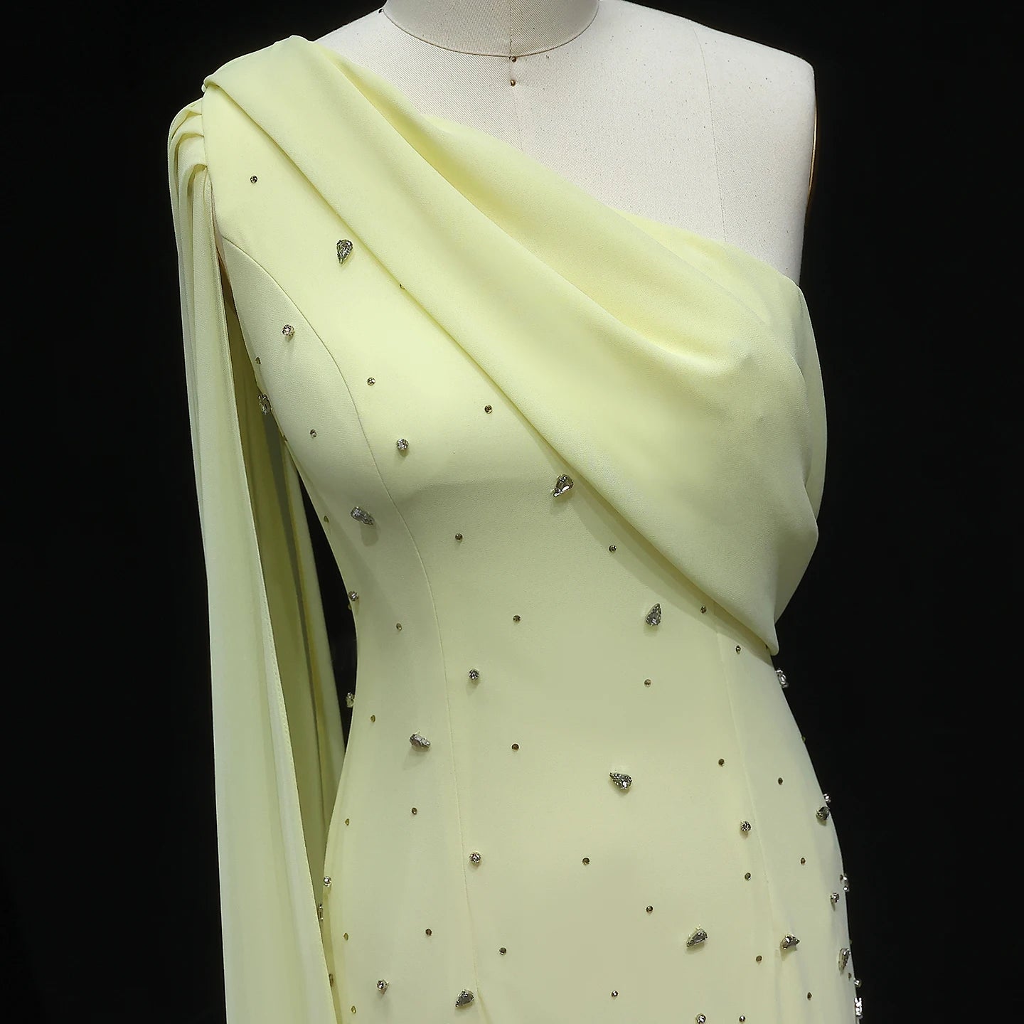 Yellow Modest One-Shoulder Mermaid Evening Gown — 3D Leaves Crystal Cape — Riviera Couture GCC Luxury Evening Gown