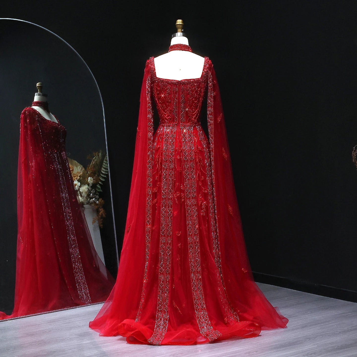 Blue Nude Arabic Evening Gown with Cape Sleeves and Wine Red Choker — Riviera Couture GCC Luxury Evening Gown