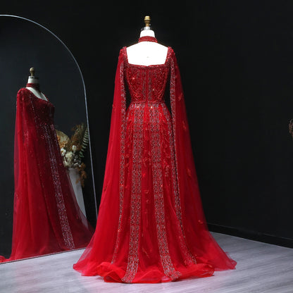 Blue Nude Arabic Evening Gown with Cape Sleeves and Wine Red Choker — Riviera Couture GCC Luxury Evening Gown
