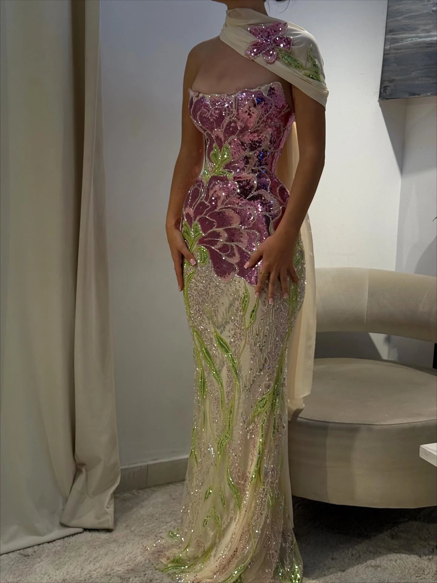 Purple Green Beaded Sequined Mermaid Evening Gown with Scarf — GCC Luxury — Riviera Couture GCC Luxury Evening Gown